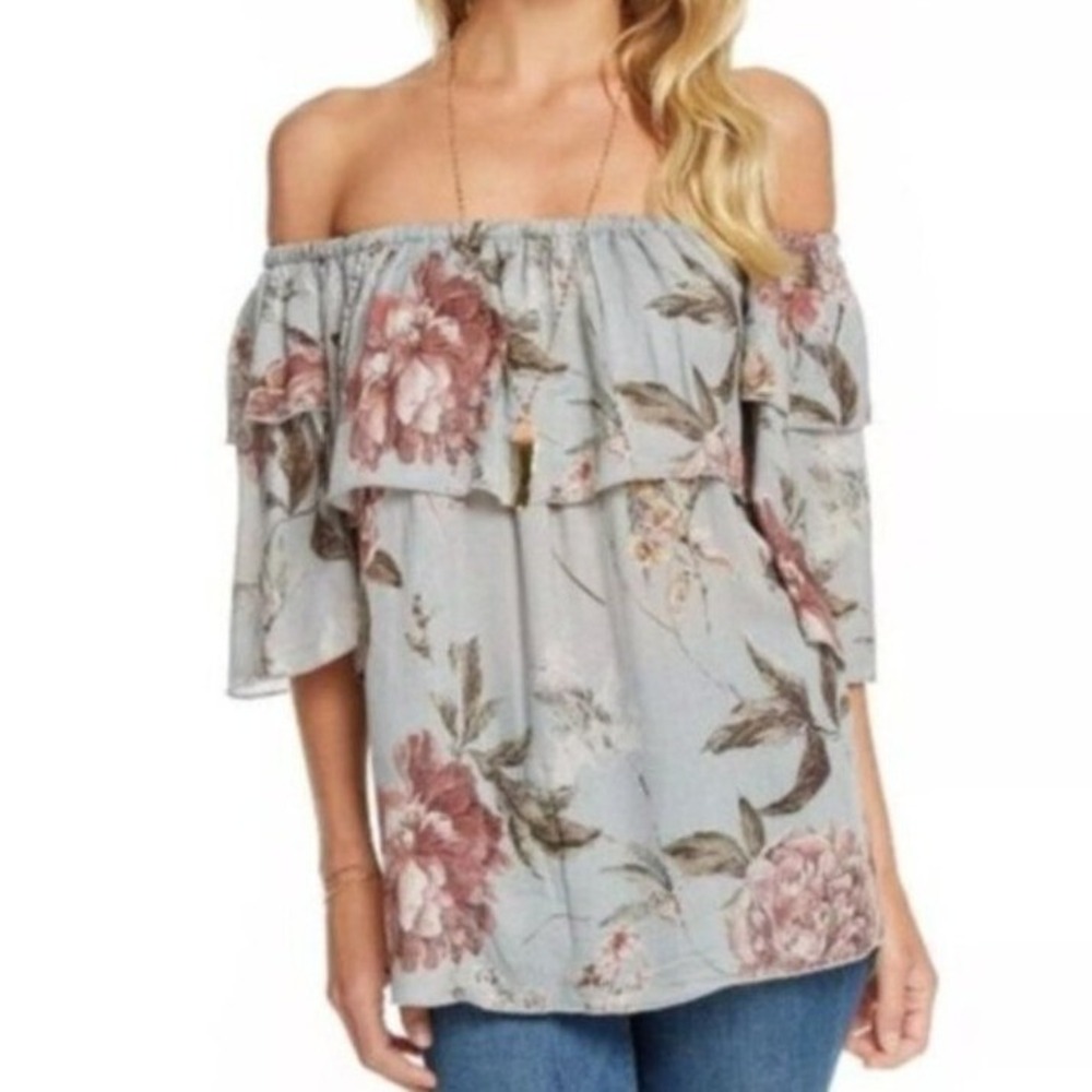 NEW‎ Chaser Heirloom Floral Gauze Off-The-Shoulder Elbow Sleeve Blouse, Size S